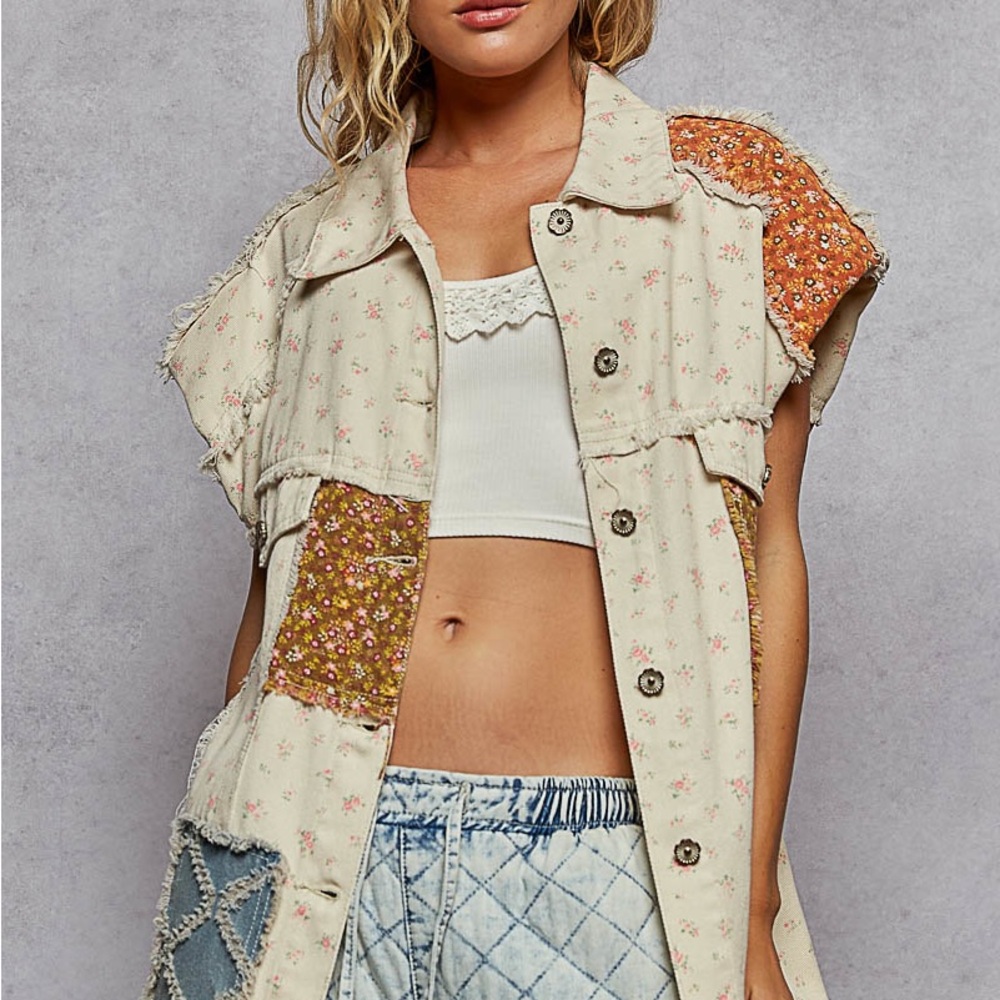 POL Floral Patchwork Vest - Cream and Orange